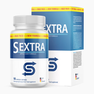 Dose mit blauem Etikett Sextra Apple Cider Formula, 90 Kapseln vor passender Faltschachtel